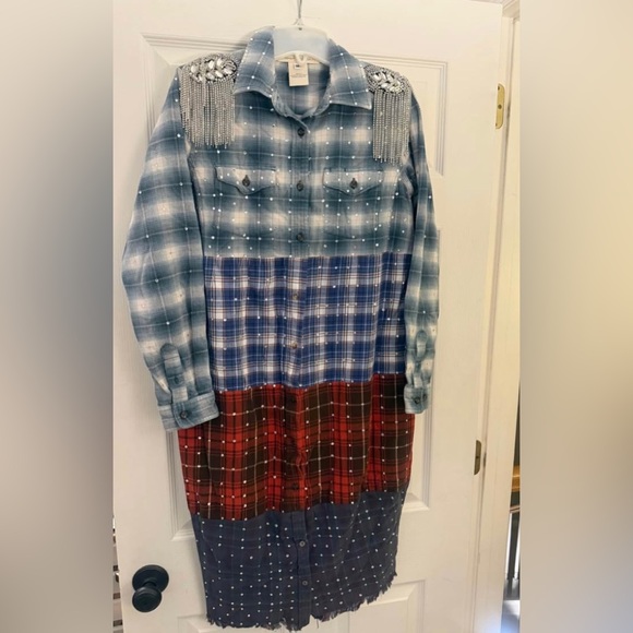 Free People Tricia Fix Patchwork Plaid Fringe Rhinestone Maxi Button Up Top Sz M - Picture 2 of 3
